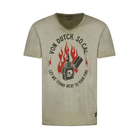 T-shirt en coton kaki clair chiné avec un briquet imprimé et un col v vintage
