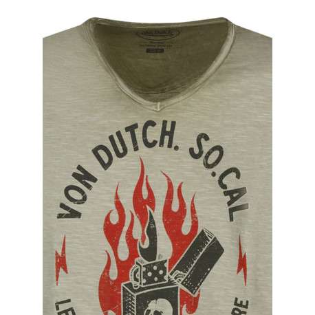 T-shirt en coton kaki clair chiné avec un briquet imprimé et un col v vintage - Image 3