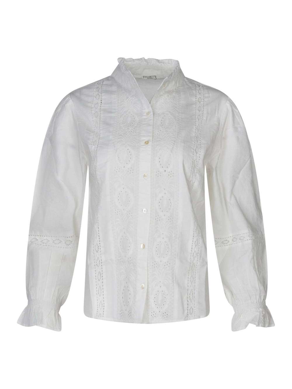 Chemisier Coton Blanc Froncé Dentelle COUPÉ CLASSIQUE Taille L (42/44) - Manches Longues - Occasion Très Bon état