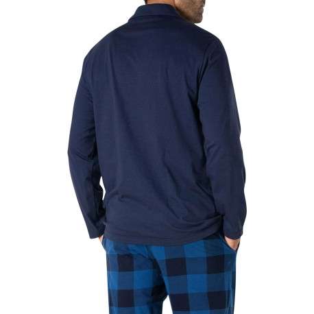 Pyjama long en coton bleu marine à carreaux avec un col chemise et une poche - Image 2