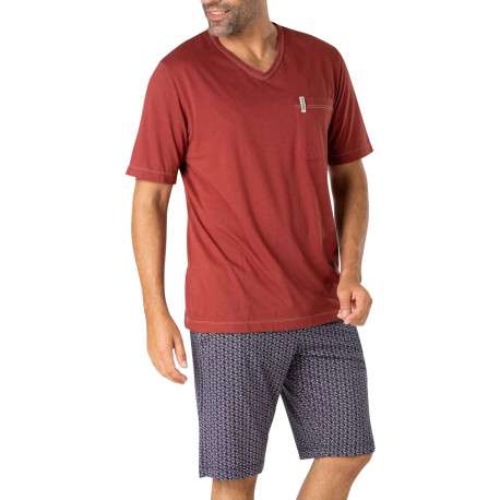 Pyjama court en coton rouge brique à petits motifs avec un col v