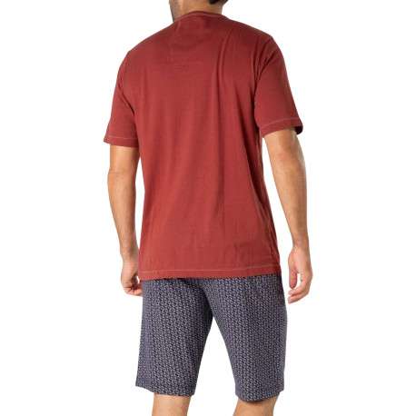 Pyjama court en coton rouge brique à petits motifs avec un col v - Image 2