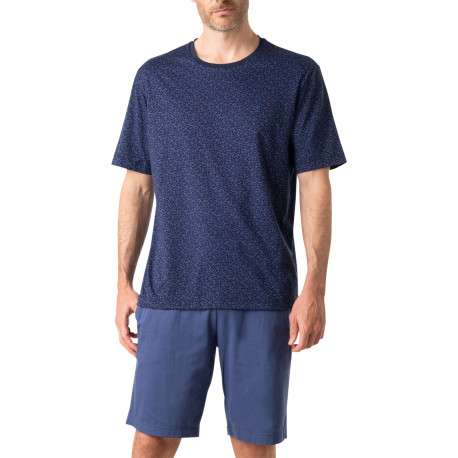 Pyjama court en coton bleu marine à minis motifs avec un col rond