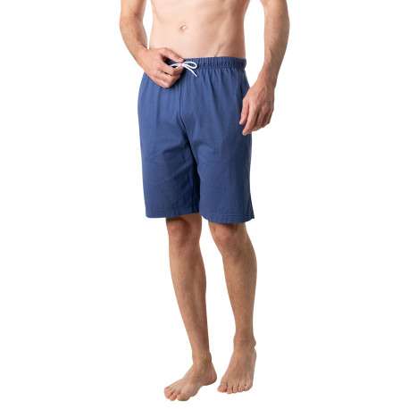 Pyjama court en coton bleu marine à minis motifs avec un col rond - Image 3