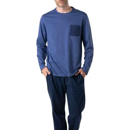 Pyjama long en coton bleu uni à col rond avec une poche plaquée