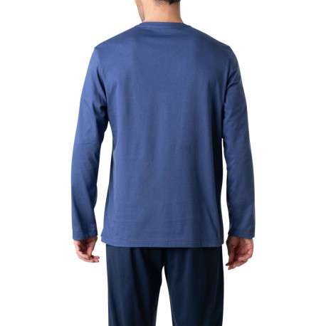 Pyjama long en coton bleu uni à col rond avec une poche plaquée - Image 2