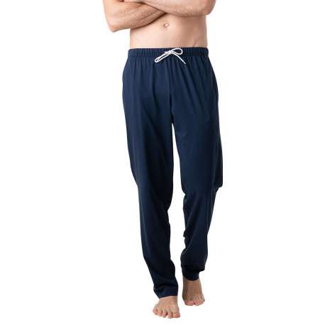 Pyjama long en coton bleu uni à col rond avec une poche plaquée - Image 3