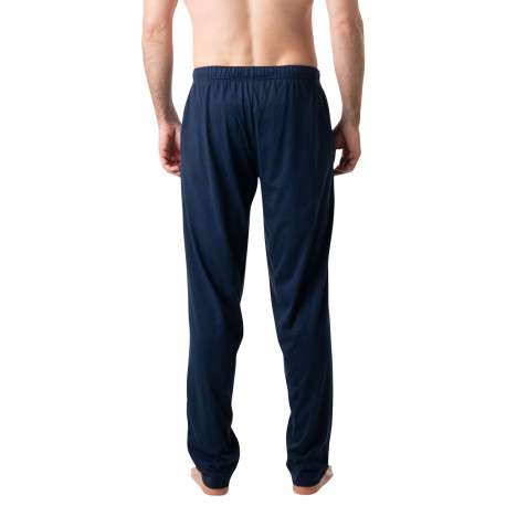 Pyjama long en coton bleu uni à col rond avec une poche plaquée - Image 4
