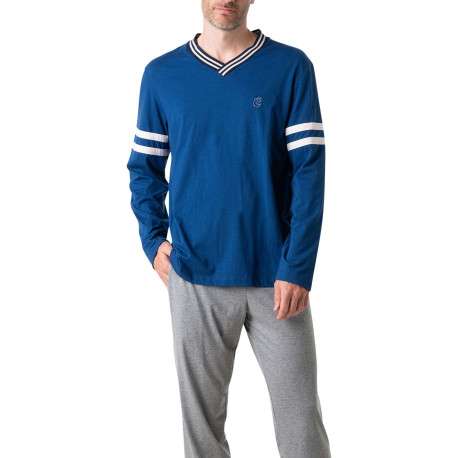 Pyjama long en coton bleu à col v avec des liserés sur le haut