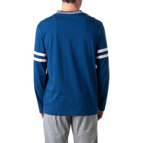 Pyjama long en coton bleu à col v avec des liserés sur le haut - Image 2