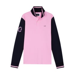 Polo en coton rose et marine avec un col boutonné et des manches longues
