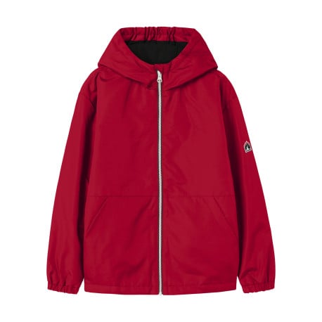 Blouson rouge pourvu d'un col à capuche avec une fermeture zippée contrastée