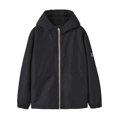 Blouson noir pourvu d'un col à capuche avec une fermeture zippée contrastée