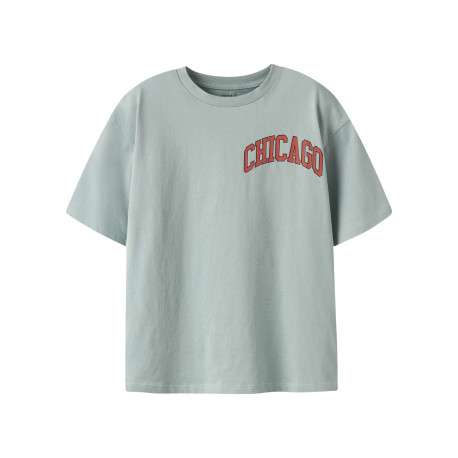 T-shirt en coton biologique vert d'eau imprimé à col rond et à manches courtes