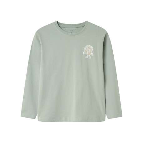 T-shirt en coton vert pâle imprimé pourvu d'un col rond et de manches longues