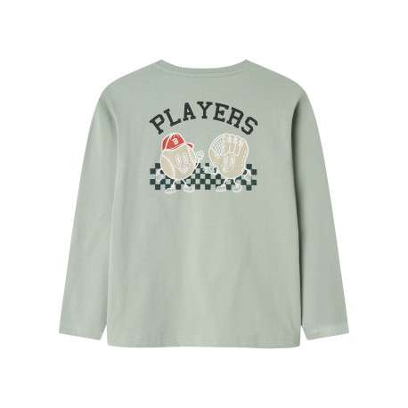 T-shirt en coton vert pâle imprimé pourvu d'un col rond et de manches longues - Image 2