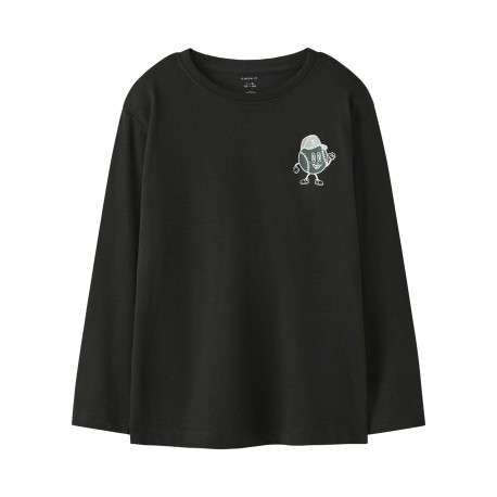 T-shirt en coton noir imprimé pourvu d'un col rond et de manches longues