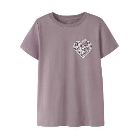 T-shirt en coton biologique mauve imprimé pourvu d'un col rond côtelé