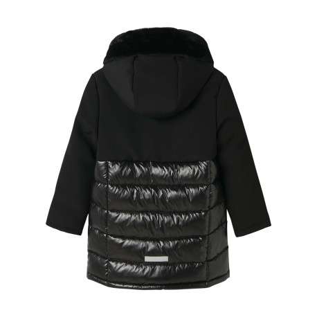 Blouson noir bi-matière pourvu d'un col à capuche orné de fausse fourrure - Image 2