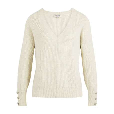 Pull écru uni pourvu d'un col v et de manches longues