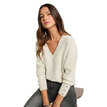 Pull écru uni pourvu d'un col v et de manches longues - Image 2