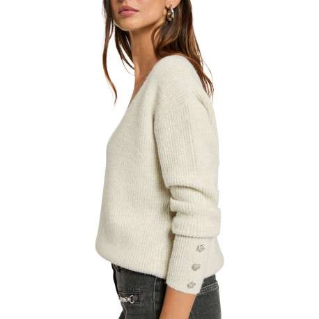 Pull écru uni pourvu d'un col v et de manches longues - Image 4