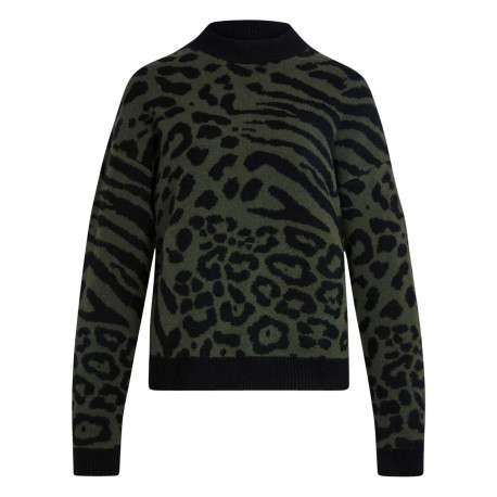 Pull kaki en maille tricotée à manches longues orné de motifs animalier