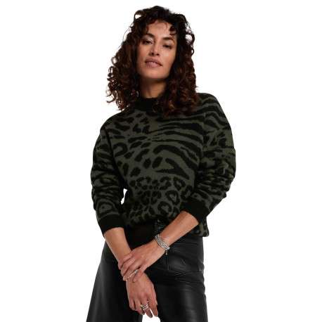 Pull kaki en maille tricotée à manches longues orné de motifs animalier - Image 2