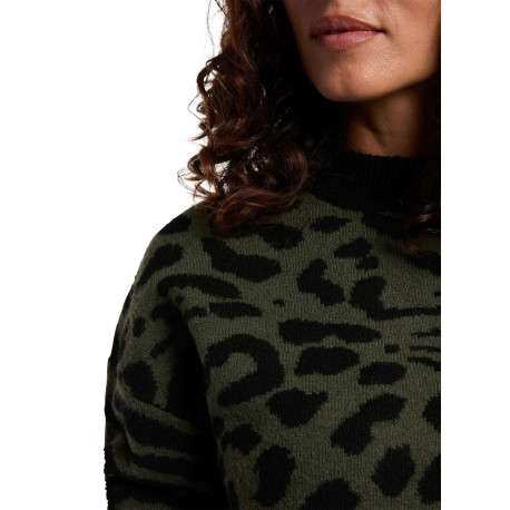 Pull kaki en maille tricotée à manches longues orné de motifs animalier - Image 4