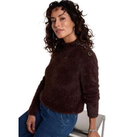 Pull marron en fausse fourrure avec un col rond et des manches longues - Image 2