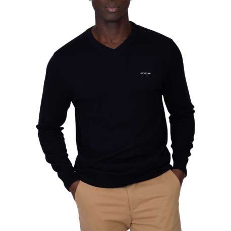 Pull en coton noir uni avec une coupe droite à col v et logo iconique