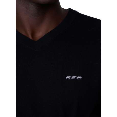 Pull en coton noir uni avec une coupe droite à col v et logo iconique - Image 3