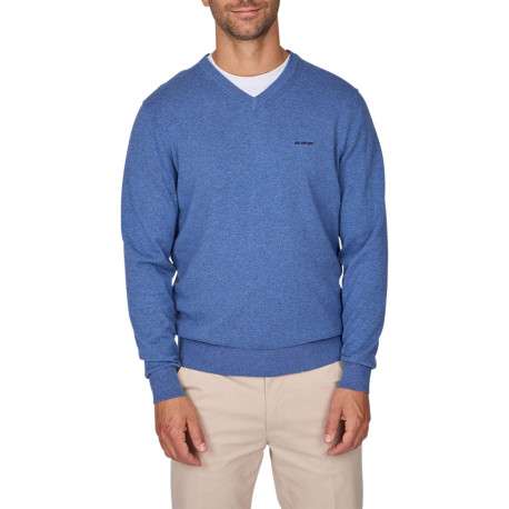 Pull en coton indigo uni avec une coupe droite à col v et logo iconique