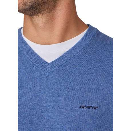 Pull en coton indigo uni avec une coupe droite à col v et logo iconique - Image 3