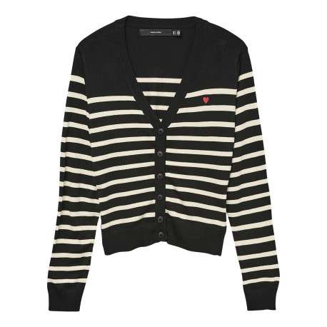 Gilet noir et blanc à motif rayé pourvu d'un col v et de manches longues