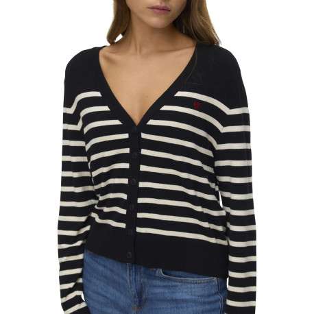 Gilet noir et blanc à motif rayé pourvu d'un col v et de manches longues - Image 2