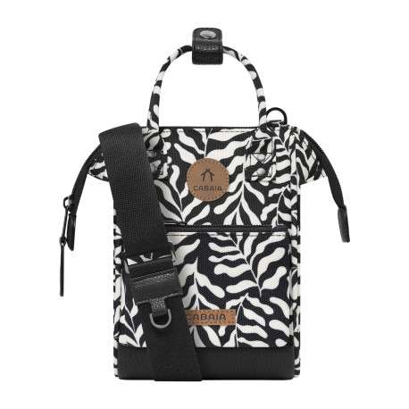 Sac à bandoulière noir et blanc motif végétal pourvu d'une fermeture zippée
