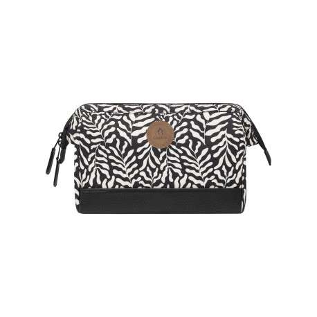 Trousse noire et blanche au motif végétal pourvue d'une fermeture zippée