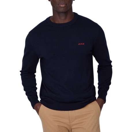 Pull en coton marine uni pourvu d'un col rond et de manches longues