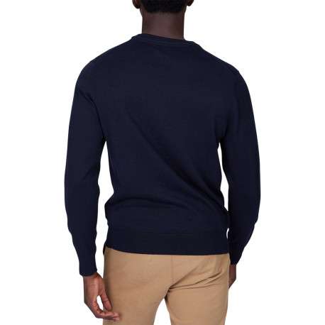 Pull en coton marine uni pourvu d'un col rond et de manches longues - Image 2