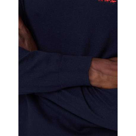Pull en coton marine uni pourvu d'un col rond et de manches longues - Image 3