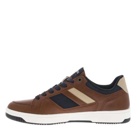 Sneakers cognac à talon plat avec des lacets marine et logo embossé