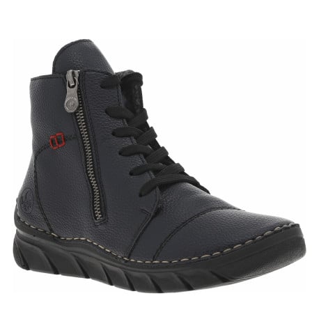 Bottines bleu marine à talon plat pourvues d'une fermeture zippée et de lacets