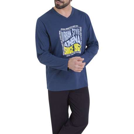 Pyjama en coton bleu marine imprimé et pourvu de manches longues