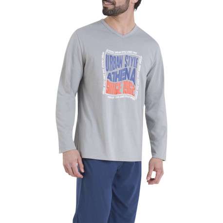 Pyjama en coton bleu marine et gris pourvu de manches longues