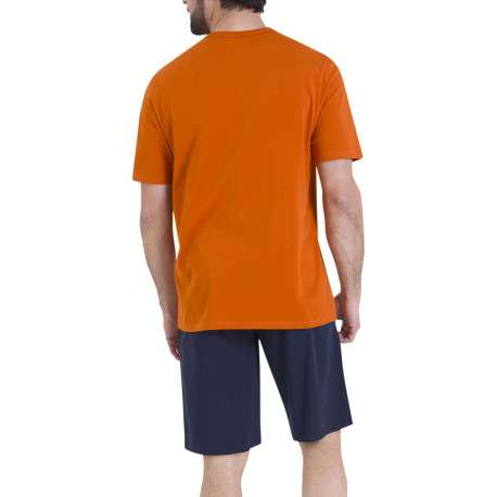 Pyjama short en coton bleu marine et orange pourvu de manches courtes - Image 3