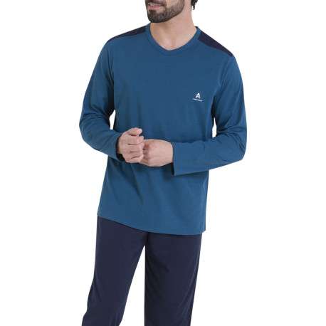 Pyjama en coton bleu uni pourvu d'un col v et de manches longues