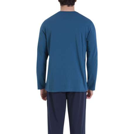 Pyjama en coton bleu uni pourvu d'un col v et de manches longues - Image 3