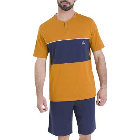 Pyjama en coton bleu marine et jaune pourvu de manches courtes