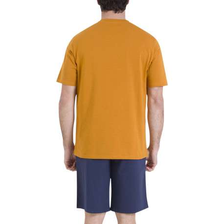 Pyjama en coton bleu marine et jaune pourvu de manches courtes - Image 3